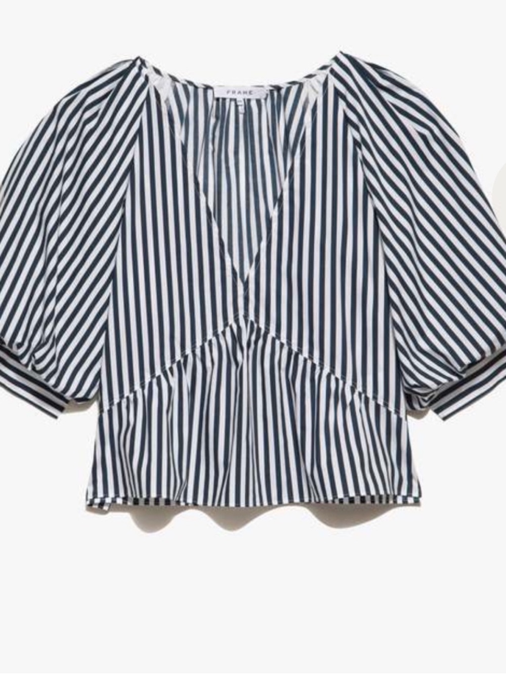 Frame Denim Navy and White Striped V-Neck Peplum Top